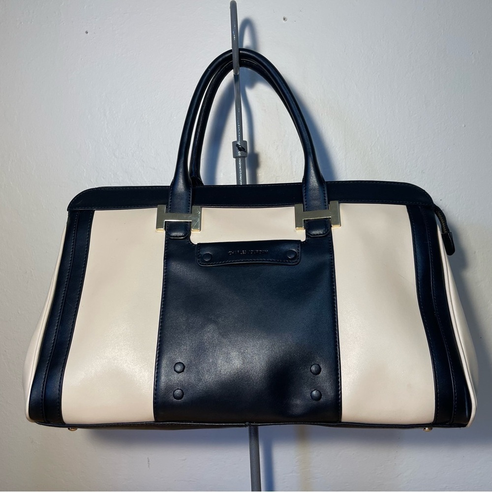Charles Jourdan Leather Satchel Bag Beige Black Colorblock Designer